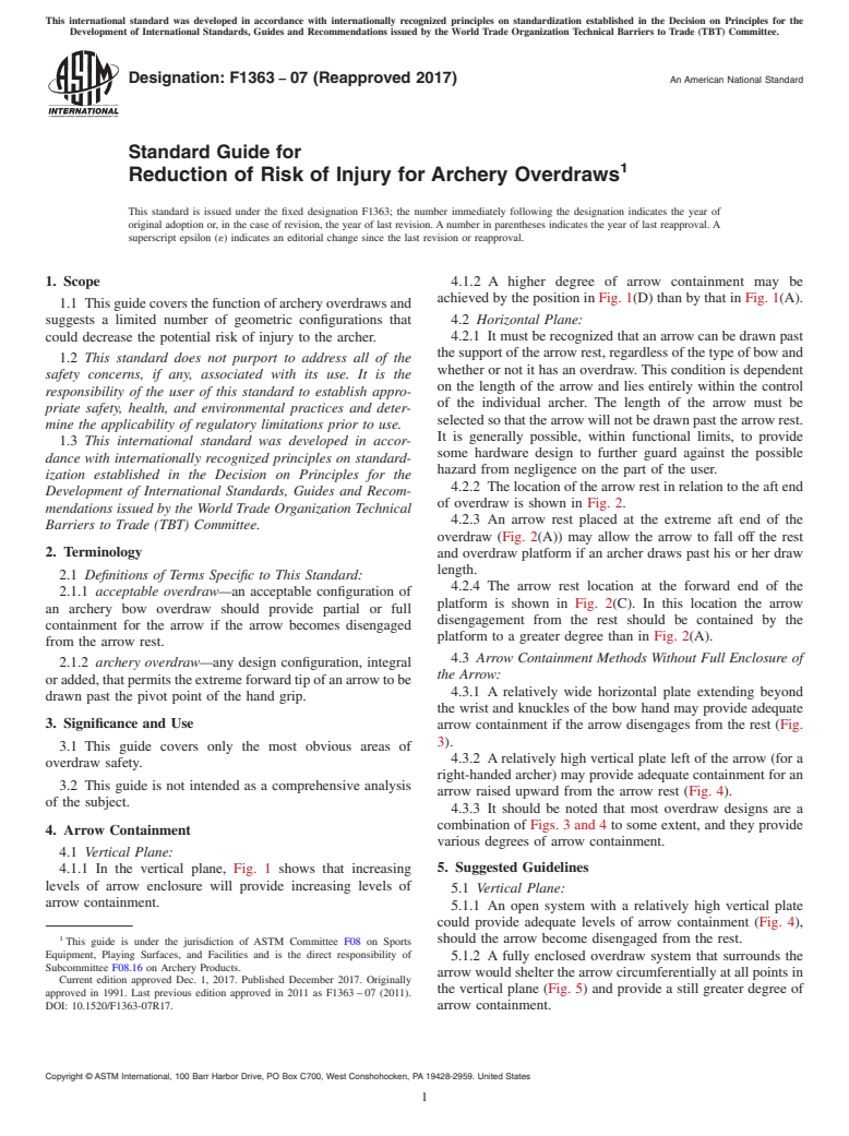 ASTM F1363-07(2017) - Standard Guide for  Reduction of Risk of Injury for Archery Overdraws