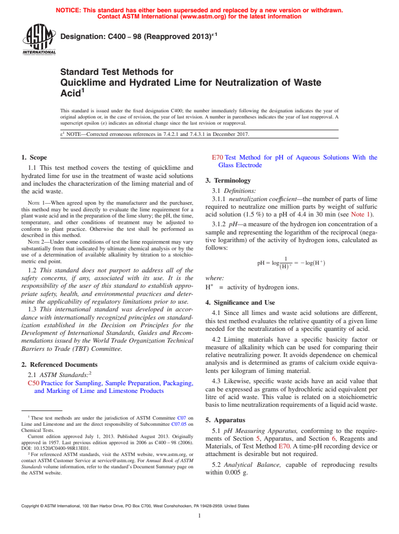 ASTM C400-98(2013)e1 - Standard Test Methods for  Quicklime and Hydrated Lime for Neutralization of Waste Acid