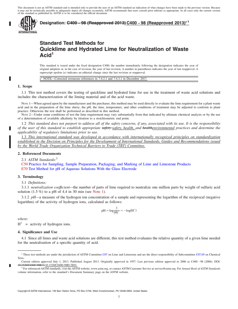 REDLINE ASTM C400-98(2013)e1 - Standard Test Methods for  Quicklime and Hydrated Lime for Neutralization of Waste Acid