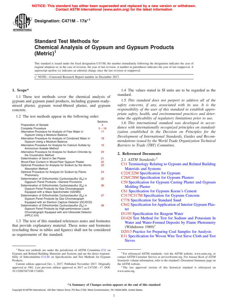 ASTM C471M-17ae1 - Standard Test Methods for  Chemical Analysis of Gypsum and Gypsum Products (Metric)