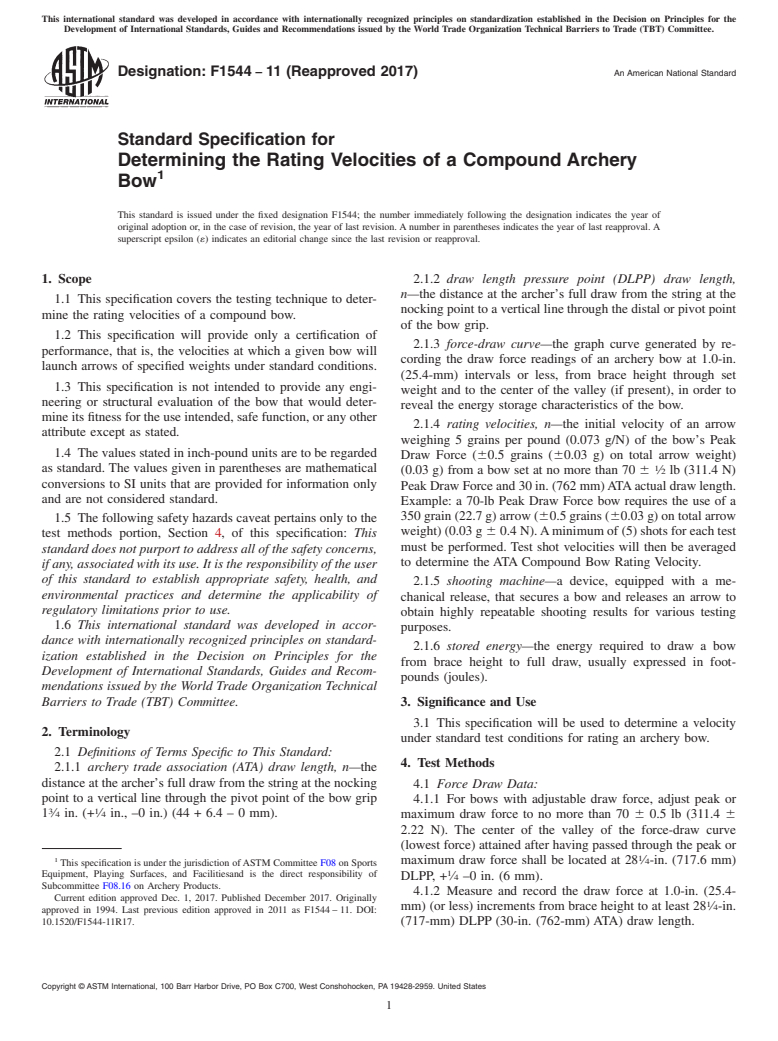 ASTM F1544-11(2017) - Standard Specification for  Determining the Rating Velocities of a Compound Archery Bow