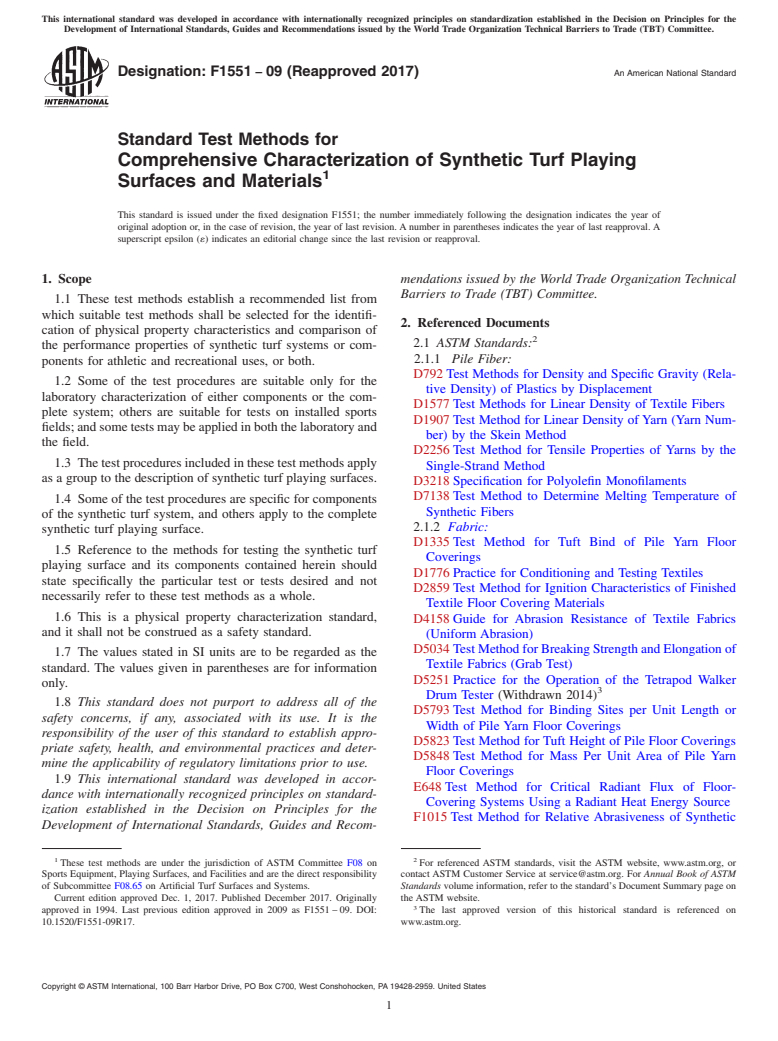 ASTM F1551-09(2017) - Standard Test Methods for  Comprehensive Characterization of Synthetic Turf Playing Surfaces  and Materials