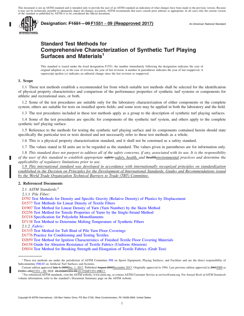 REDLINE ASTM F1551-09(2017) - Standard Test Methods for  Comprehensive Characterization of Synthetic Turf Playing Surfaces  and Materials