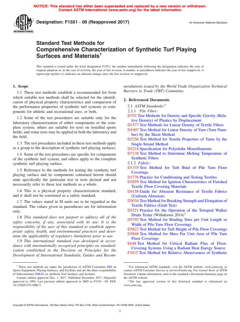 ASTM F1551-09(2017) - Standard Test Methods for  Comprehensive Characterization of Synthetic Turf Playing Surfaces  and Materials