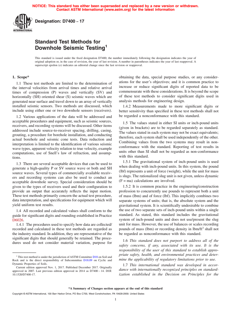 ASTM D7400-17 - Standard Test Methods for Downhole Seismic Testing