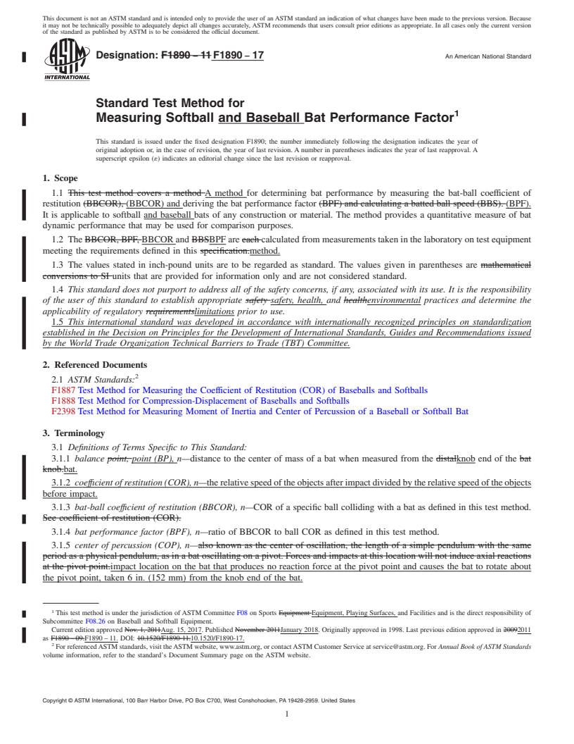 REDLINE ASTM F1890-17 - Standard Test Method for Measuring Softball and Baseball Bat Performance Factor