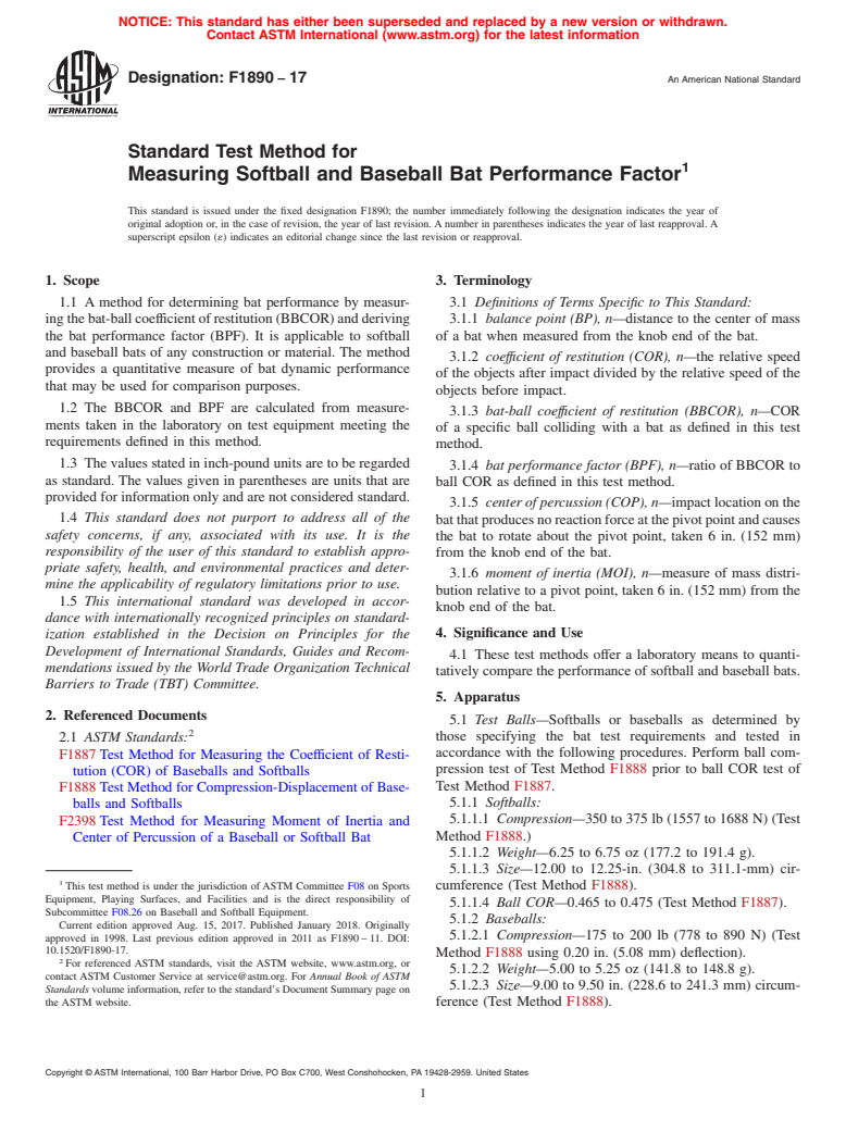 ASTM F1890-17 - Standard Test Method for Measuring Softball and Baseball Bat Performance Factor