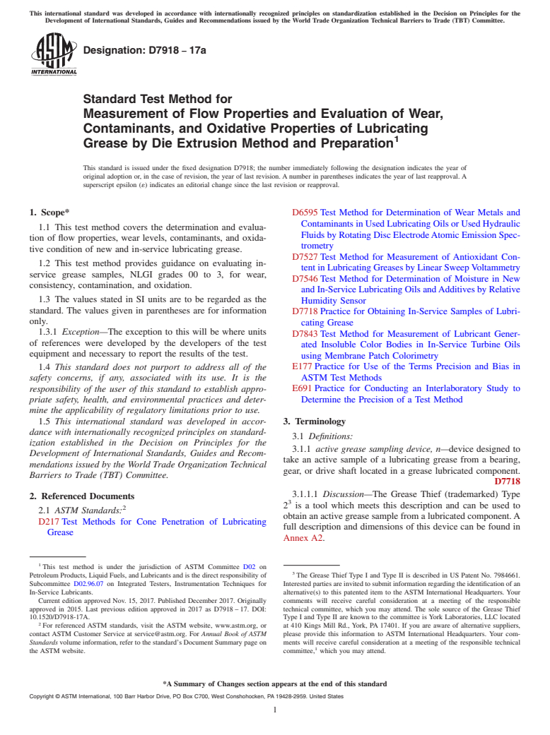 ASTM D7918-17a - Standard Test Method for Measurement of Flow Properties and Evaluation of Wear, Contaminants,  and Oxidative Properties of Lubricating Grease by Die Extrusion Method  and Preparation