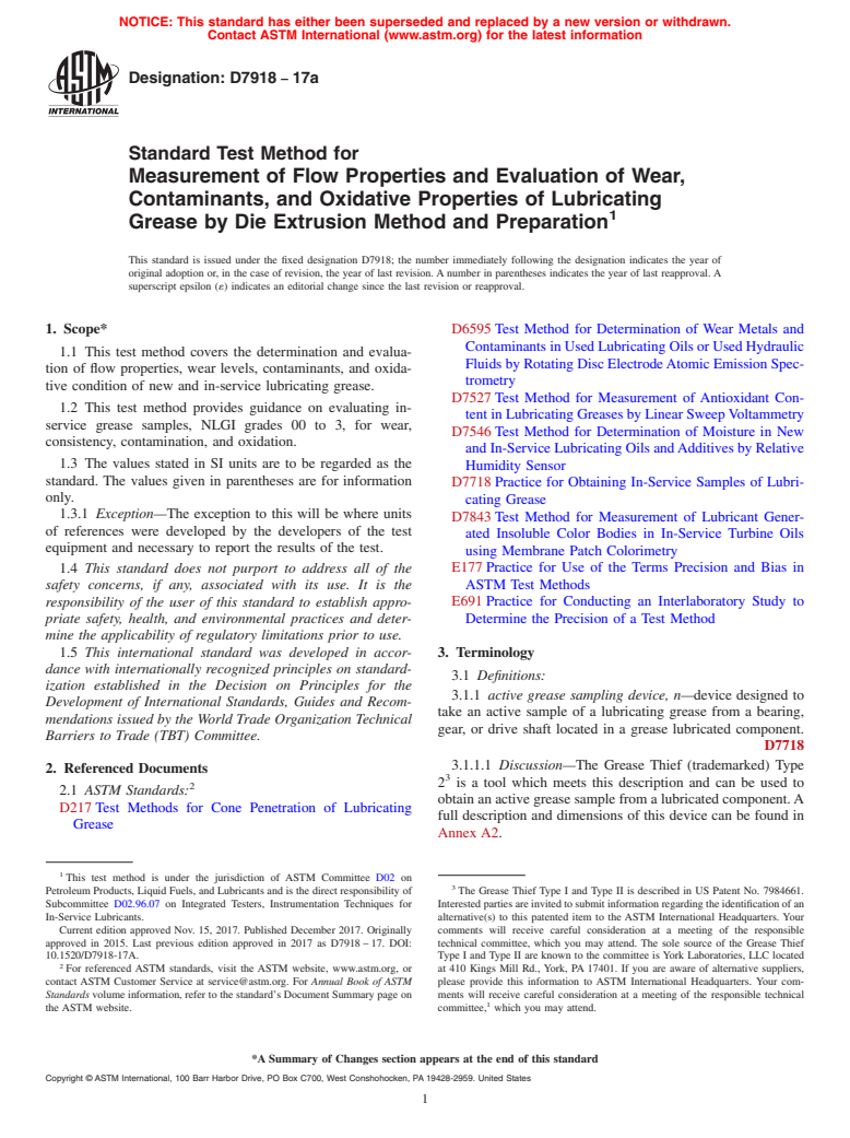 ASTM D7918-17a - Standard Test Method for Measurement of Flow Properties and Evaluation of Wear, Contaminants,  and Oxidative Properties of Lubricating Grease by Die Extrusion Method  and Preparation