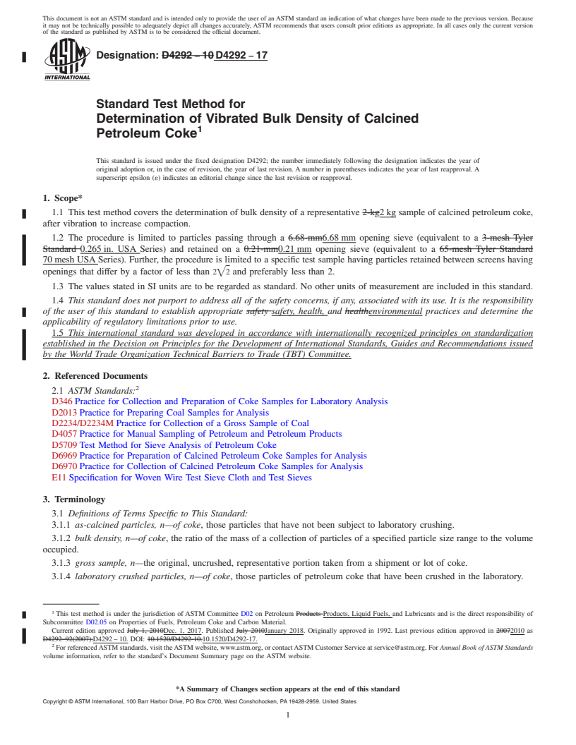 REDLINE ASTM D4292-17 - Standard Test Method for  Determination of Vibrated Bulk Density of Calcined Petroleum   Coke