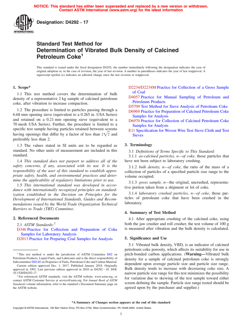 ASTM D4292-17 - Standard Test Method for  Determination of Vibrated Bulk Density of Calcined Petroleum   Coke