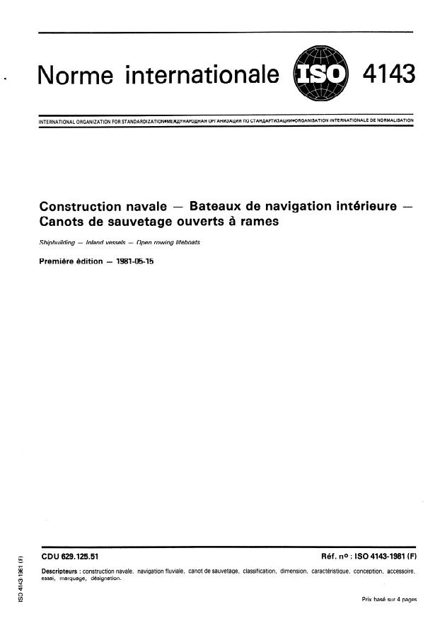 ISO 4143:1981 - Construction navale -- Bateaux de navigation intérieure -- Canots de sauvetage ouverts a rames
