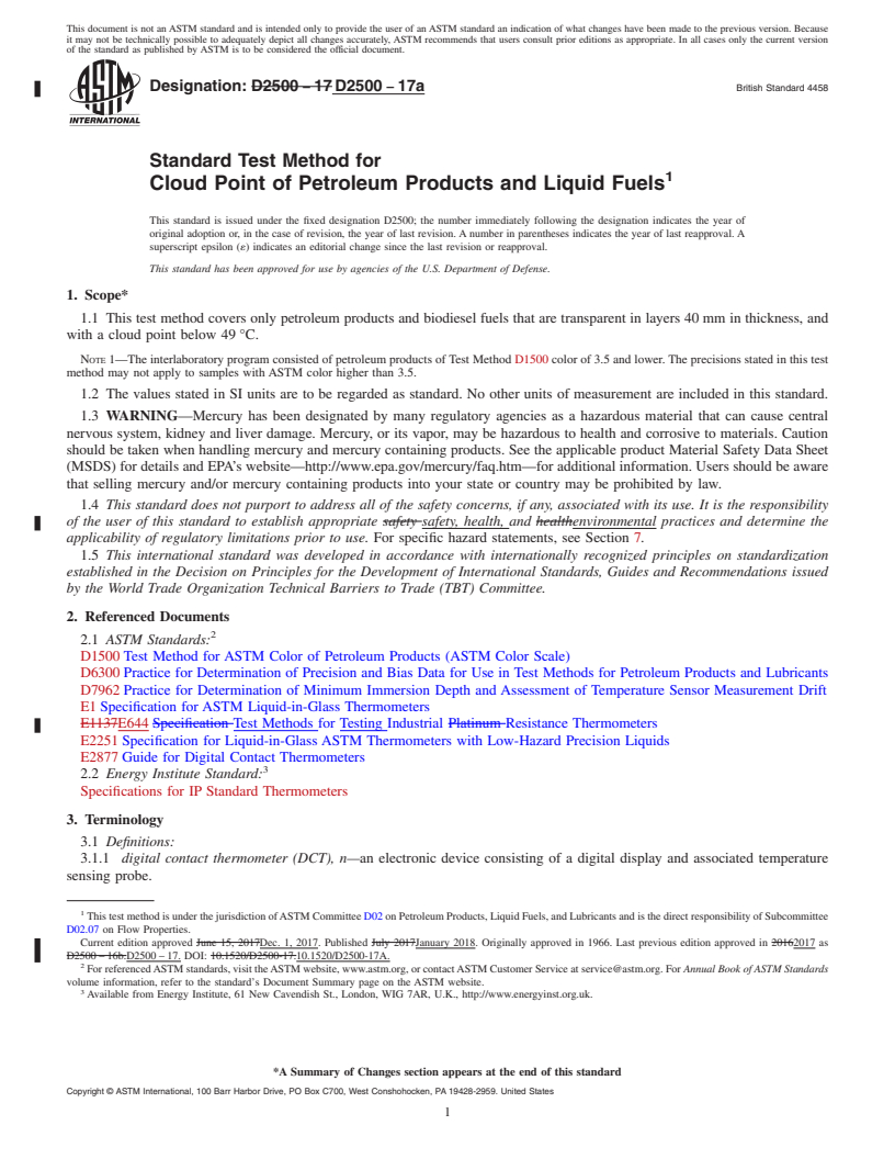 REDLINE ASTM D2500-17a - Standard Test Method for Cloud Point of Petroleum Products and Liquid Fuels