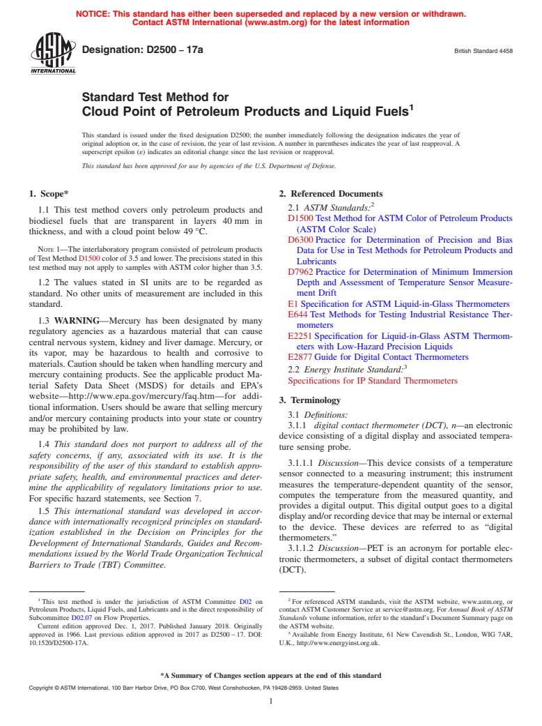 ASTM D2500-17a - Standard Test Method for Cloud Point of Petroleum Products and Liquid Fuels