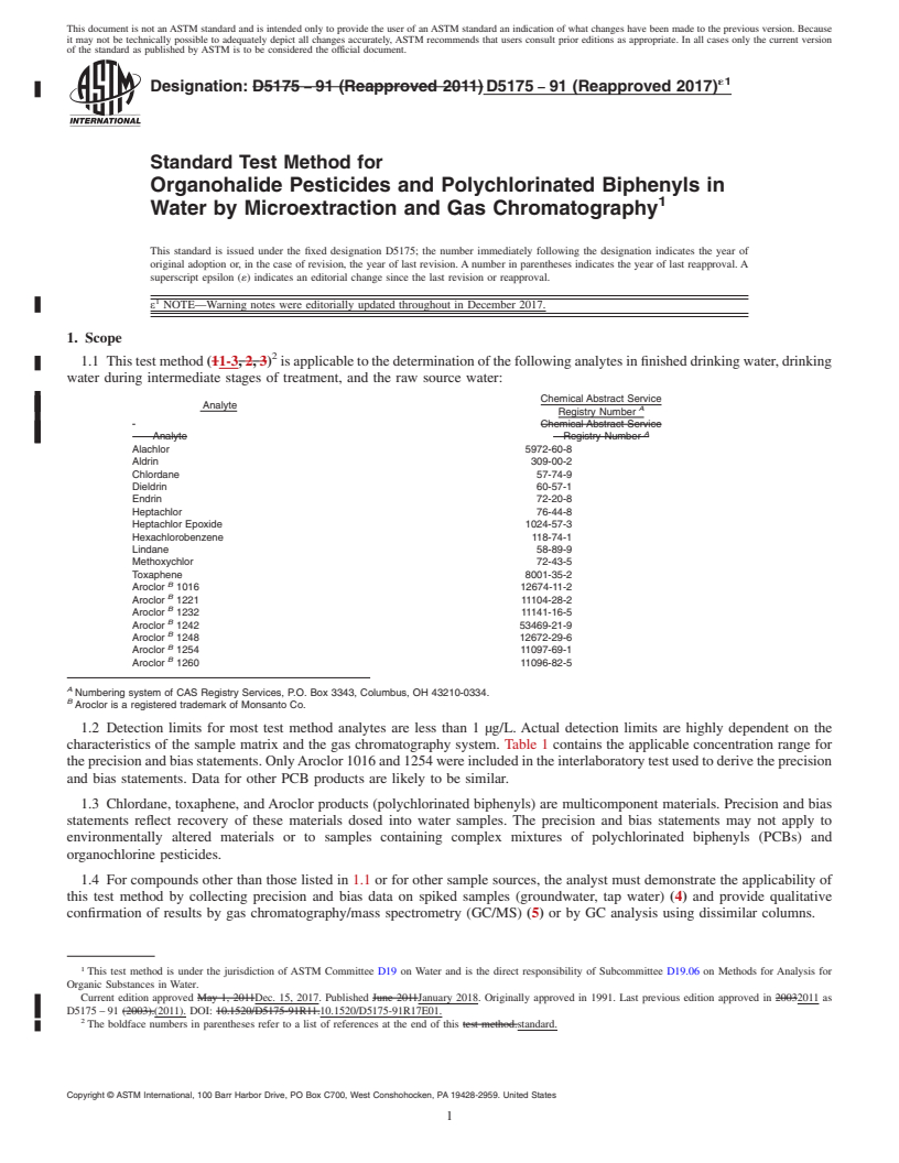 REDLINE ASTM D5175-91(2017)e1 - Standard Test Method for  Organohalide Pesticides and Polychlorinated Biphenyls in Water  by Microextraction and Gas Chromatography