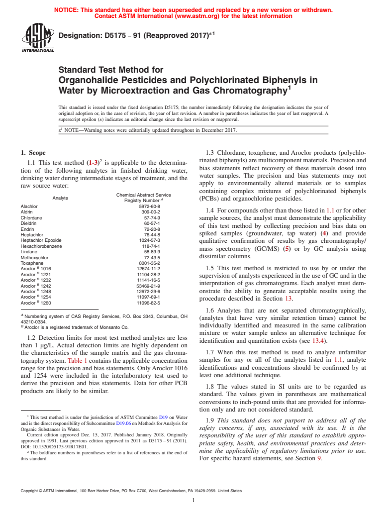 ASTM D5175-91(2017)e1 - Standard Test Method for  Organohalide Pesticides and Polychlorinated Biphenyls in Water  by Microextraction and Gas Chromatography