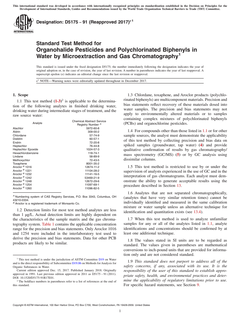 ASTM D5175-91(2017)e1 - Standard Test Method for  Organohalide Pesticides and Polychlorinated Biphenyls in Water  by Microextraction and Gas Chromatography