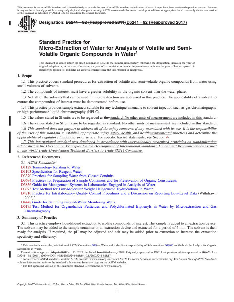 REDLINE ASTM D5241-92(2017) - Standard Practice for  Micro-Extraction of Water for Analysis of Volatile and Semi-Volatile  Organic Compounds in Water