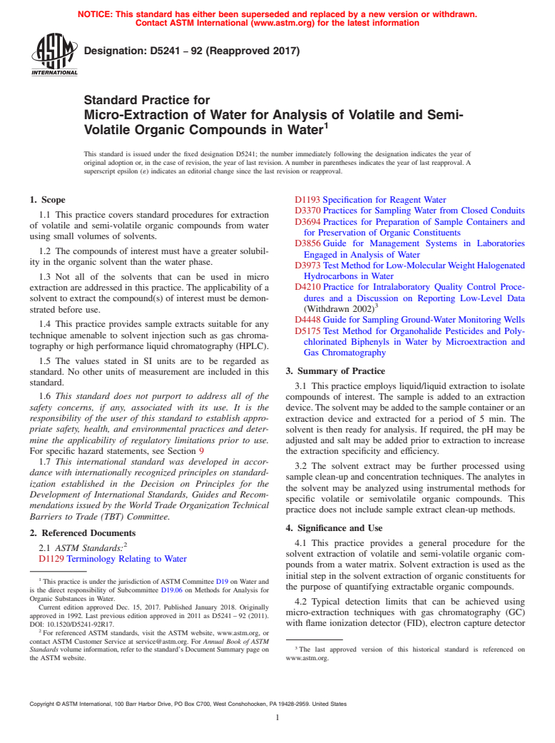 ASTM D5241-92(2017) - Standard Practice for  Micro-Extraction of Water for Analysis of Volatile and Semi-Volatile  Organic Compounds in Water