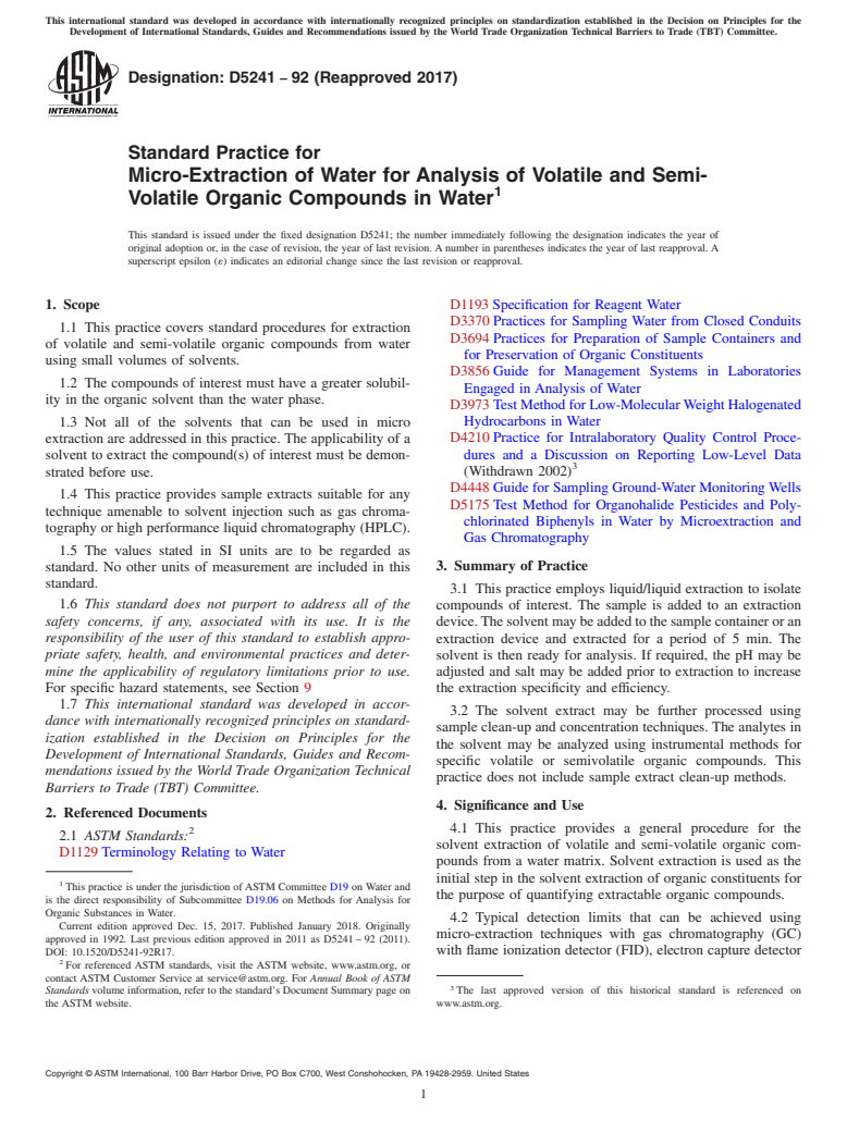 ASTM D5241-92(2017) - Standard Practice for  Micro-Extraction of Water for Analysis of Volatile and Semi-Volatile  Organic Compounds in Water