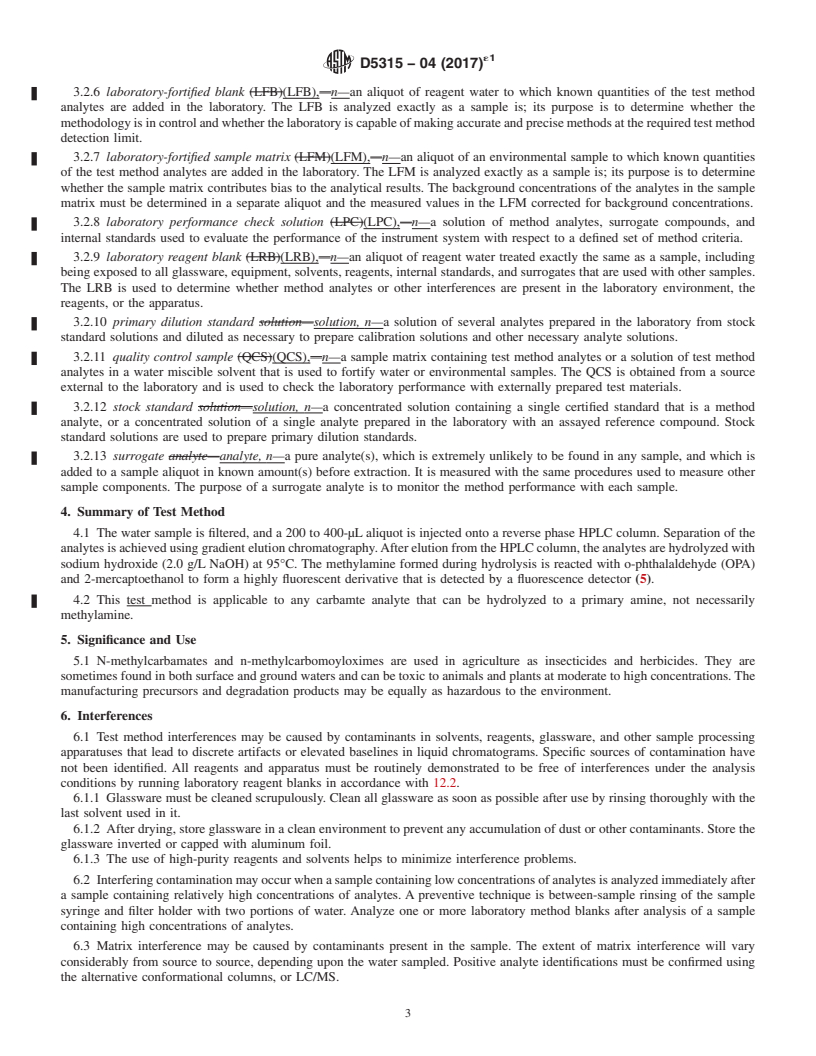 REDLINE ASTM D5315-04(2017)e1 - Standard Test Method for  Determination of N-Methyl-Carbamoyloximes and N-Methylcarbamates  in Water by Direct Aqueous Injection HPLC with Post-Column Derivatization