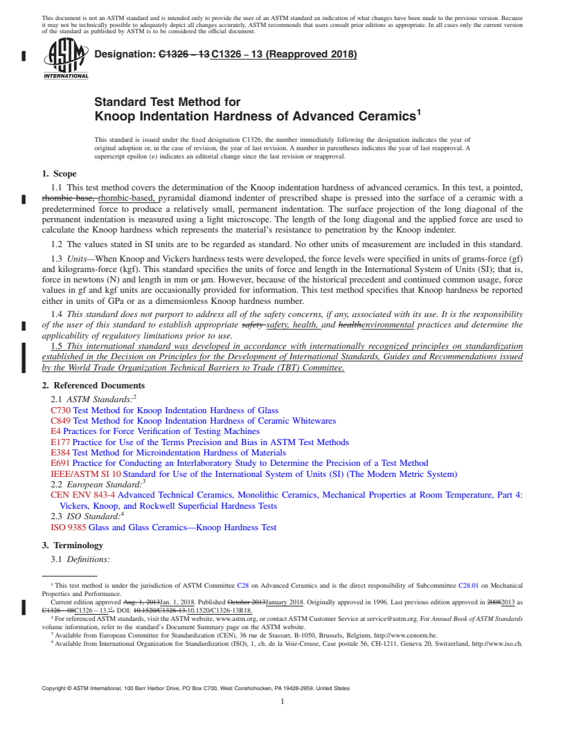 REDLINE ASTM C1326-13(2018) - Standard Test Method for Knoop Indentation Hardness of Advanced Ceramics