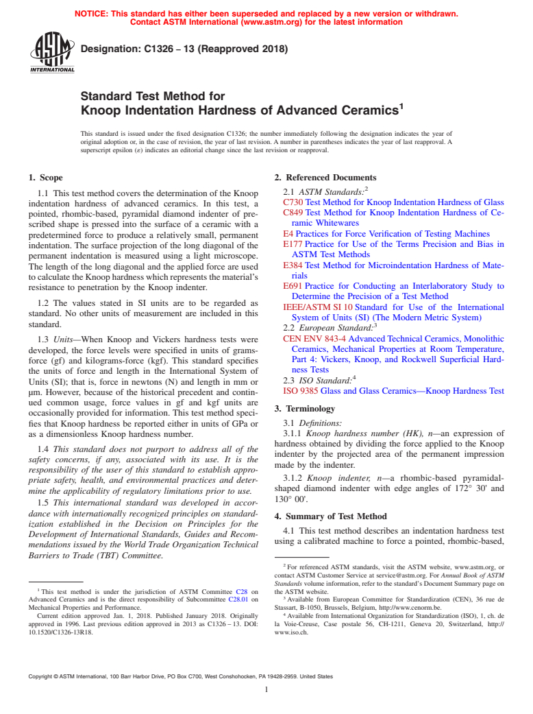 ASTM C1326-13(2018) - Standard Test Method for Knoop Indentation Hardness of Advanced Ceramics