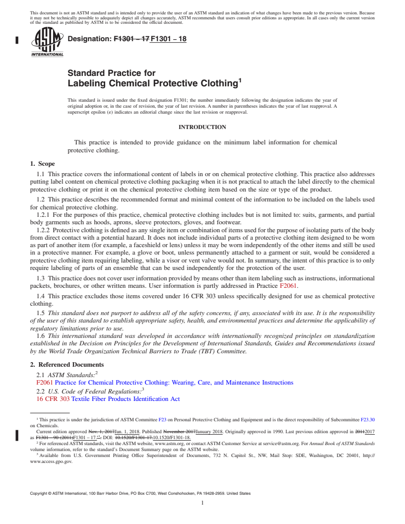 REDLINE ASTM F1301-18 - Standard Practice for  Labeling Chemical Protective Clothing