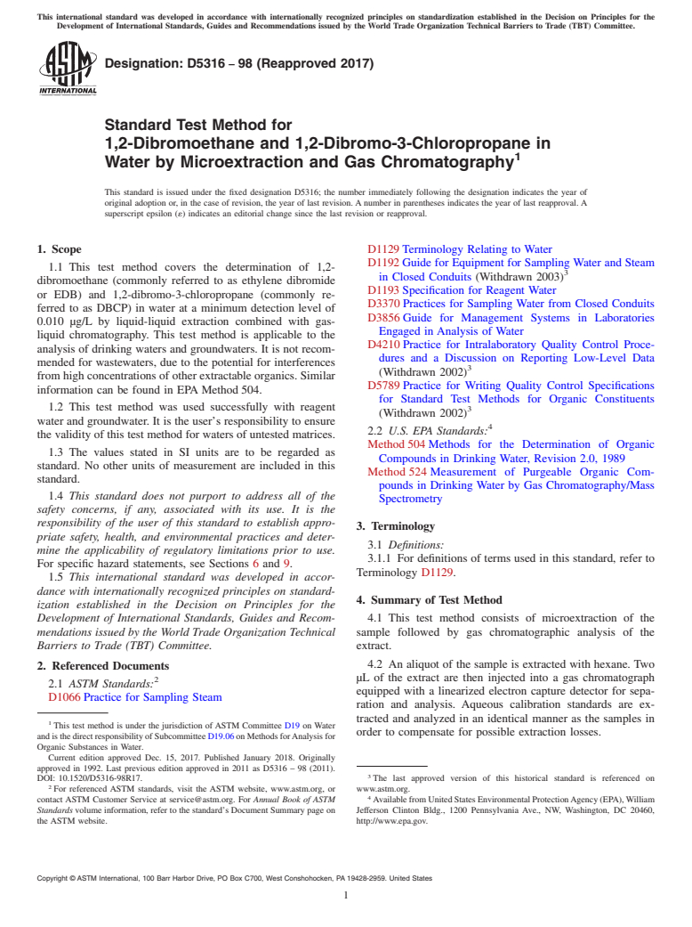 ASTM D5316-98(2017) - Standard Test Method for  1,2-Dibromoethane and 1,2-Dibromo-3-Chloropropane in Water  by Microextraction and Gas Chromatography