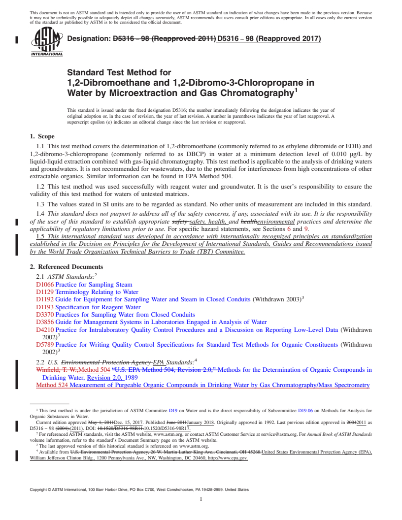 REDLINE ASTM D5316-98(2017) - Standard Test Method for  1,2-Dibromoethane and 1,2-Dibromo-3-Chloropropane in Water  by Microextraction and Gas Chromatography