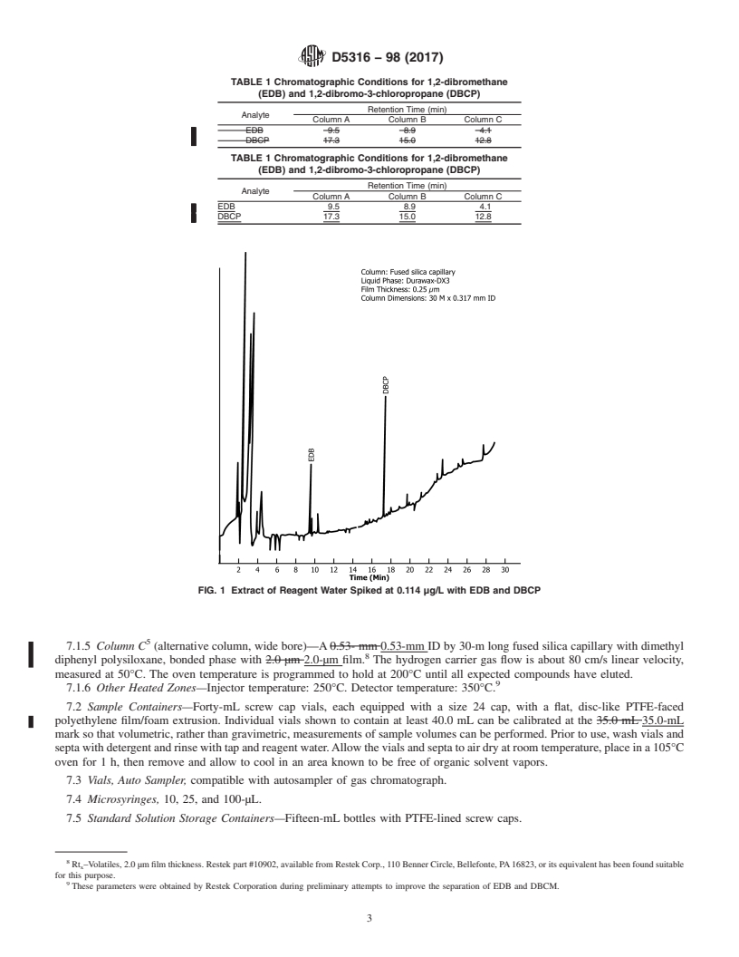 REDLINE ASTM D5316-98(2017) - Standard Test Method for  1,2-Dibromoethane and 1,2-Dibromo-3-Chloropropane in Water  by Microextraction and Gas Chromatography