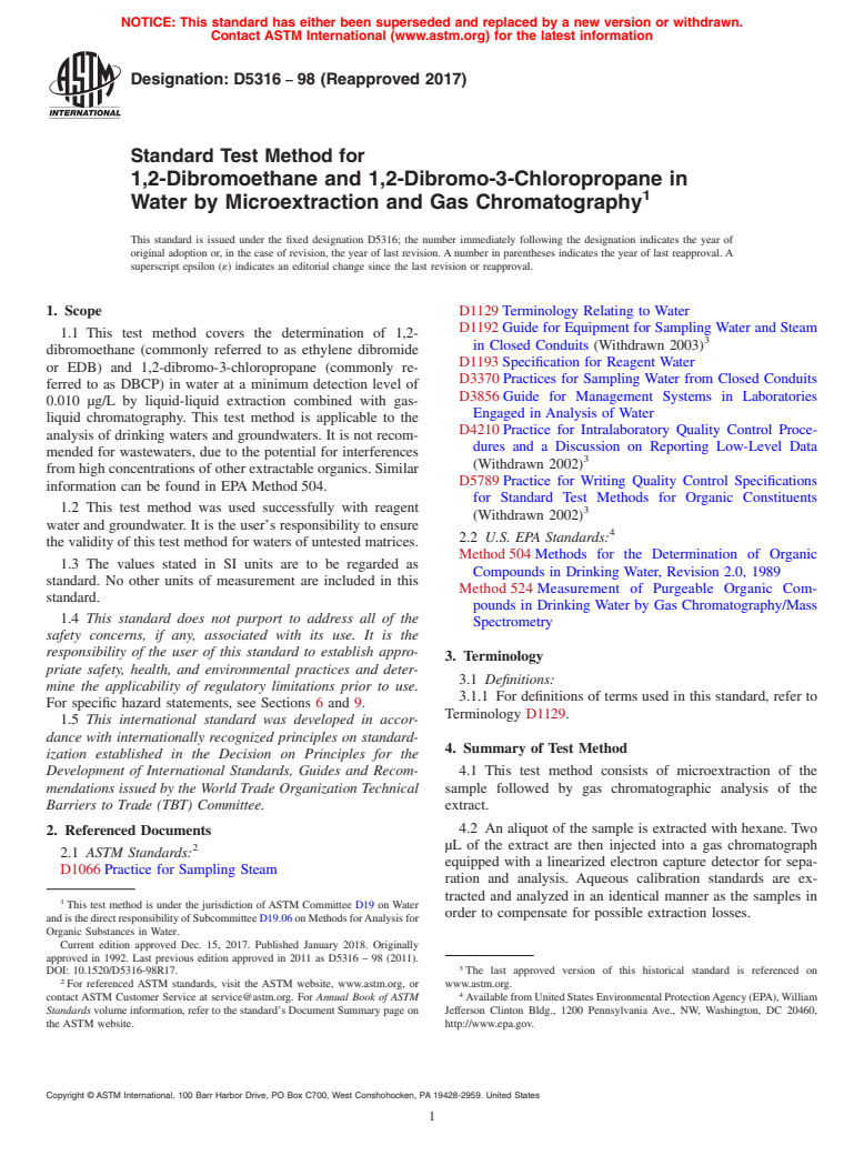 ASTM D5316-98(2017) - Standard Test Method for  1,2-Dibromoethane and 1,2-Dibromo-3-Chloropropane in Water  by Microextraction and Gas Chromatography