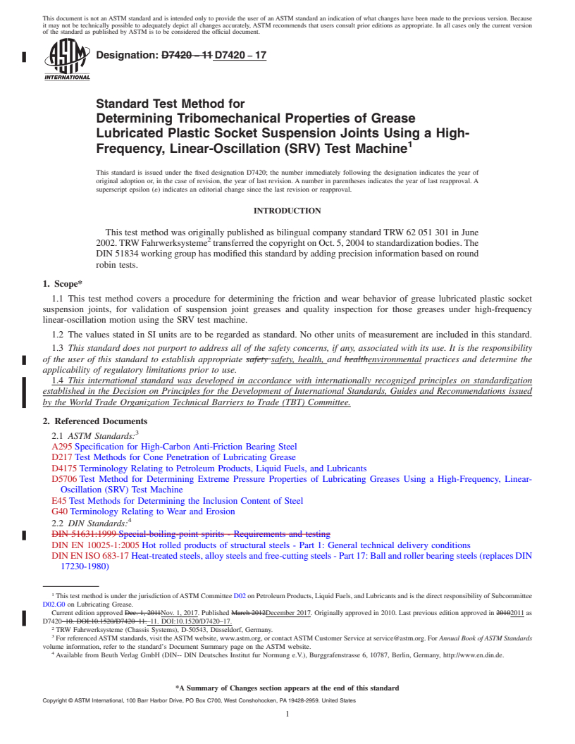 REDLINE ASTM D7420-17 - Standard Test Method for  Determining Tribomechanical Properties of Grease Lubricated  Plastic Socket Suspension Joints Using a High-Frequency, Linear-Oscillation  (SRV) Test Machine