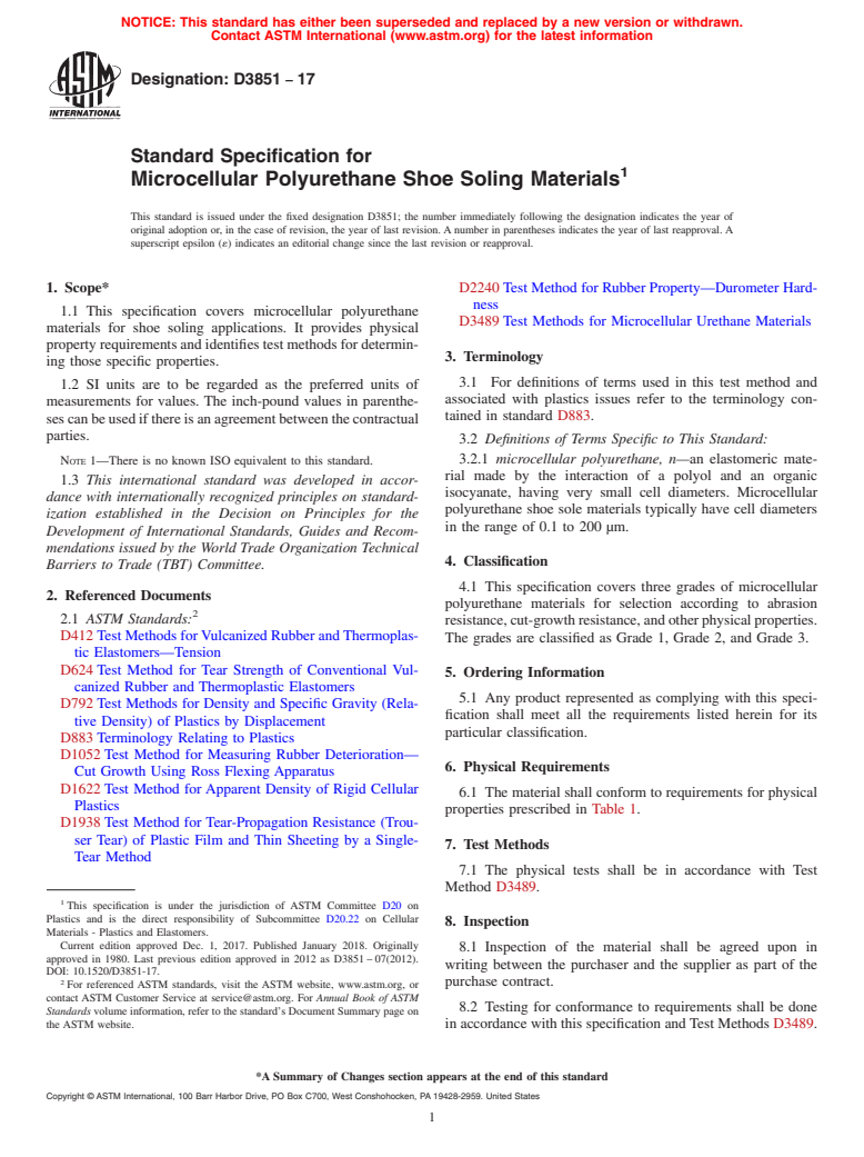 ASTM D3851-17 - Standard Specification for Microcellular Polyurethane Shoe Soling Materials