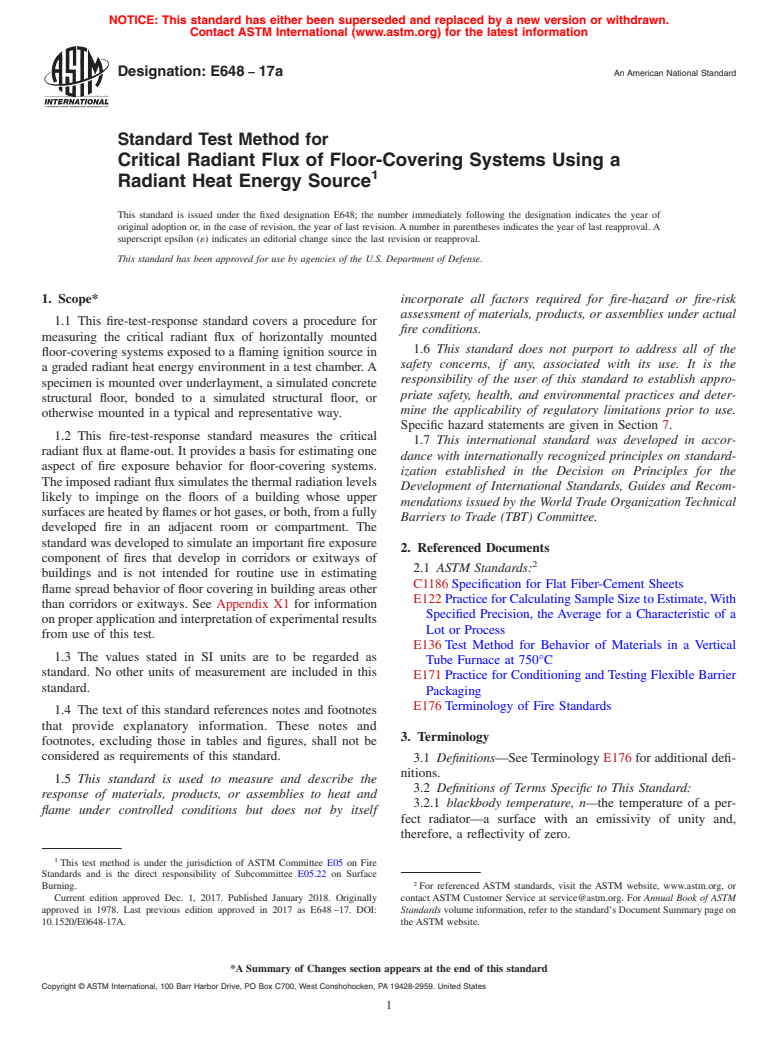 ASTM E648-17a - Standard Test Method for  Critical Radiant Flux of Floor-Covering Systems Using a Radiant  Heat Energy Source