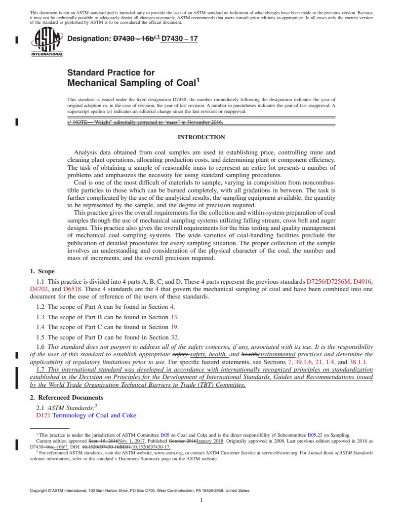 REDLINE ASTM D7430-17 - Standard Practice for Mechanical Sampling of Coal