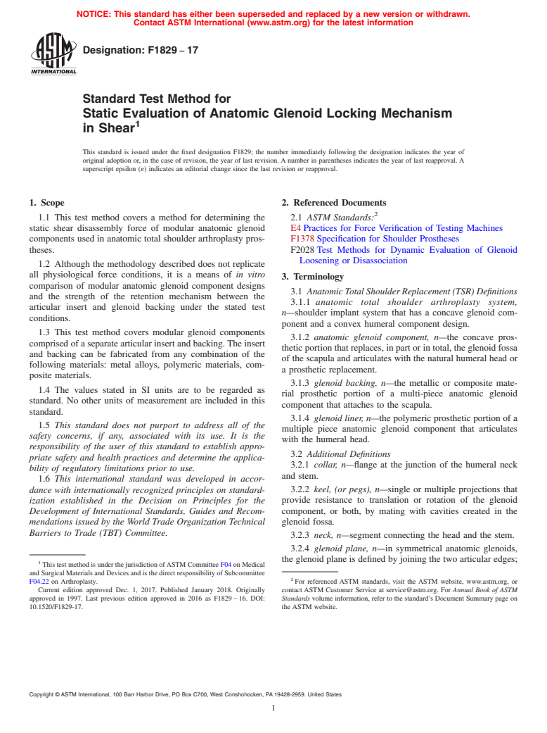 ASTM F1829-17 - Standard Test Method for Static Evaluation of Anatomic Glenoid Locking Mechanism in  Shear