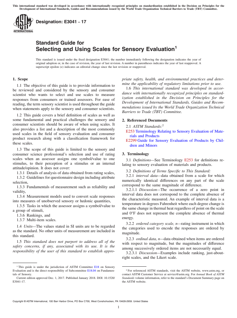 ASTM E3041-17 - Standard Guide for Selecting and Using Scales for Sensory Evaluation