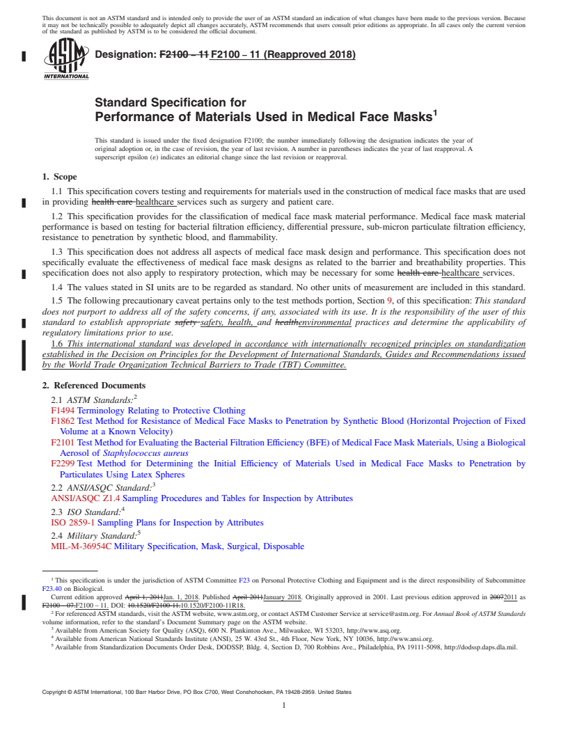 REDLINE ASTM F2100-11(2018) - Standard Specification for  Performance of Materials Used in Medical Face Masks