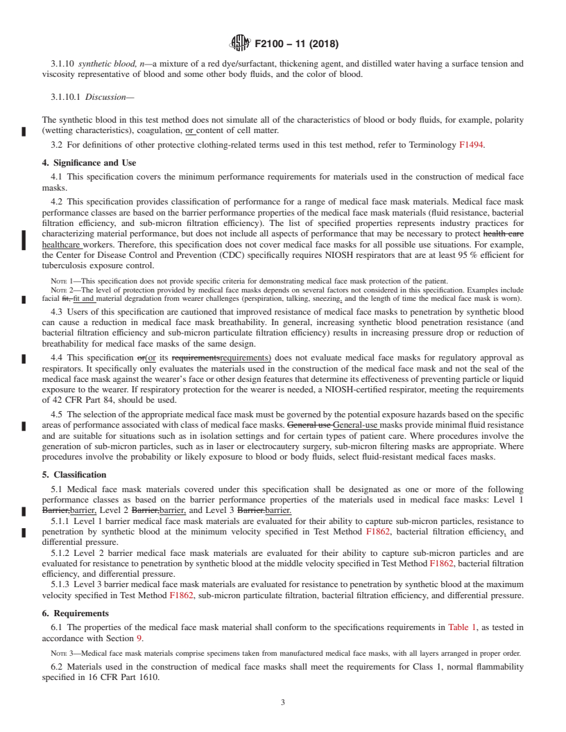 REDLINE ASTM F2100-11(2018) - Standard Specification for  Performance of Materials Used in Medical Face Masks