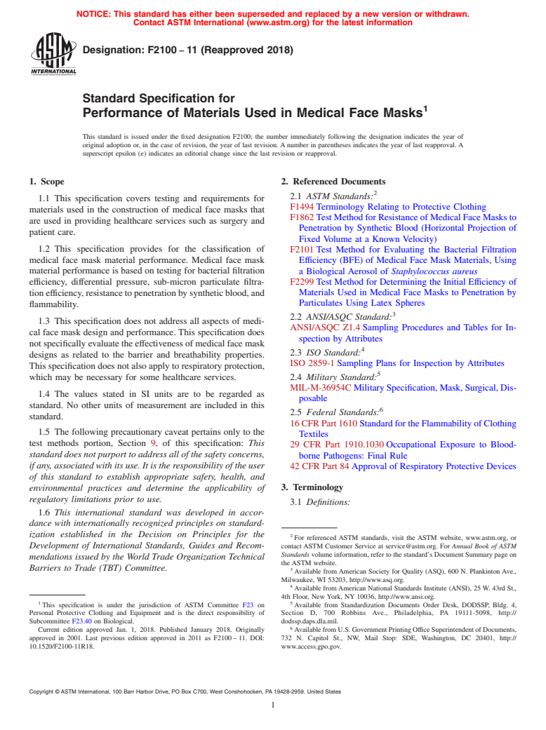 ASTM F2100-11(2018) - Standard Specification for  Performance of Materials Used in Medical Face Masks