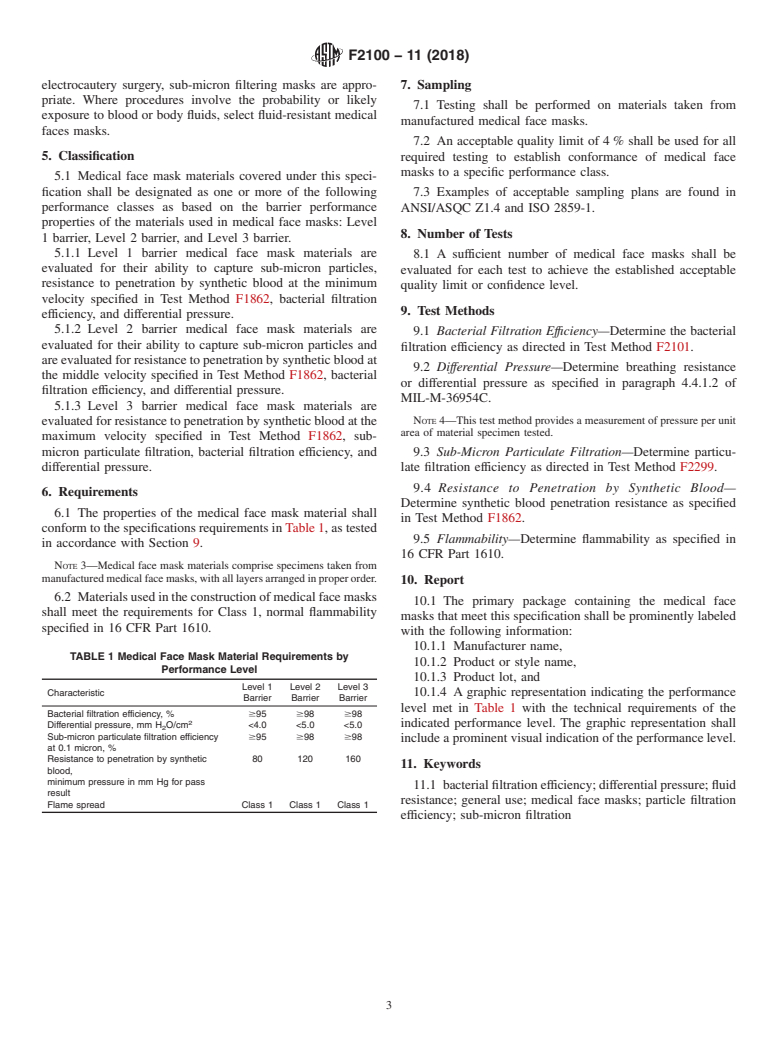 ASTM F2100-11(2018) - Standard Specification for  Performance of Materials Used in Medical Face Masks