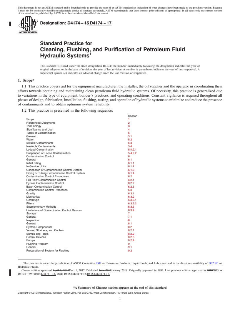 REDLINE ASTM D4174-17 - Standard Practice for Cleaning, Flushing, and Purification of Petroleum Fluid Hydraulic  Systems