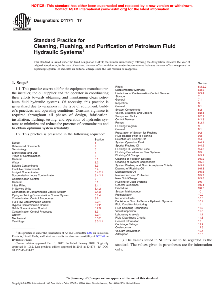 ASTM D4174-17 - Standard Practice for Cleaning, Flushing, and Purification of Petroleum Fluid Hydraulic  Systems