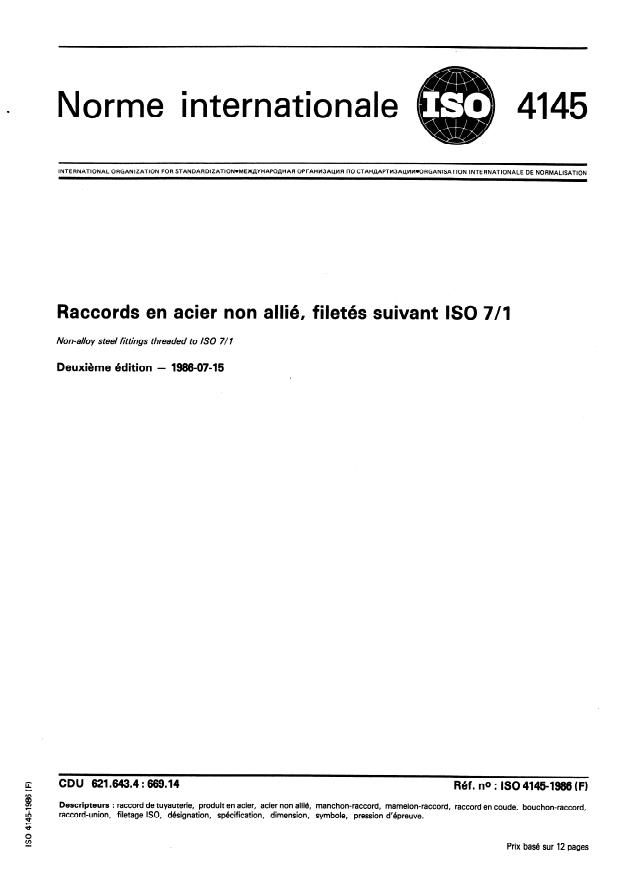 ISO 4145:1986 - Raccords en acier non allié, filetés suivant ISO 7-1