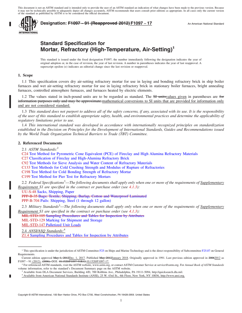 REDLINE ASTM F1097-17 - Standard Specification for  Mortar, Refractory (High-Temperature, Air-Setting)