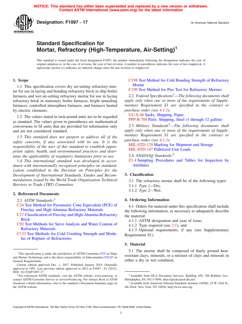 ASTM F1097-17 - Standard Specification for  Mortar, Refractory (High-Temperature, Air-Setting)