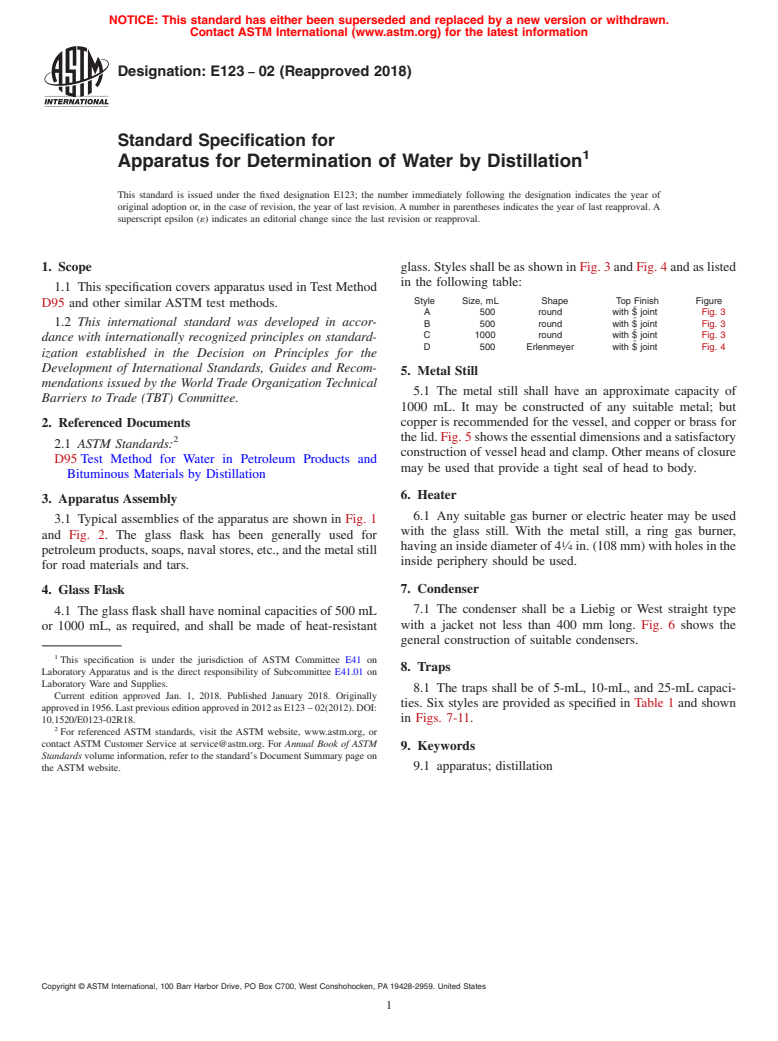 ASTM E123-02(2018) - Standard Specification for  Apparatus for Determination of Water by Distillation