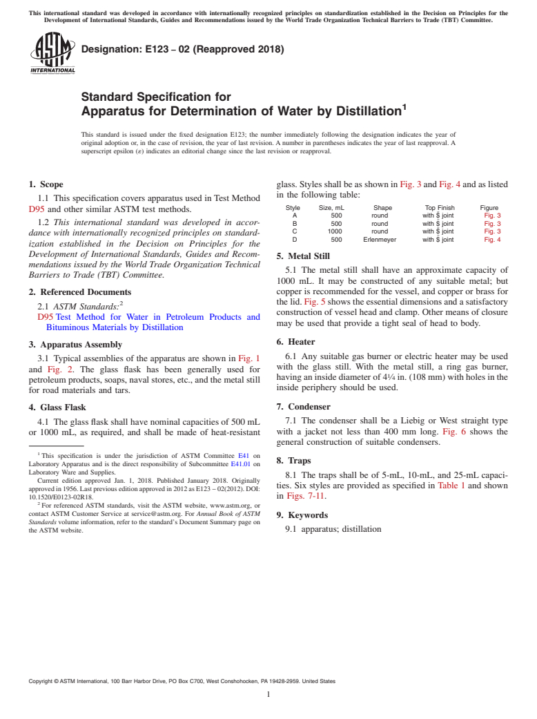 ASTM E123-02(2018) - Standard Specification for  Apparatus for Determination of Water by Distillation