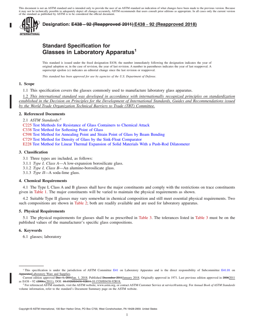 REDLINE ASTM E438-92(2018) - Standard Specification for  Glasses in Laboratory Apparatus